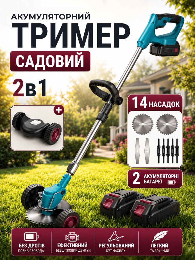 Акумуляторний садовий тример для догляду за травою